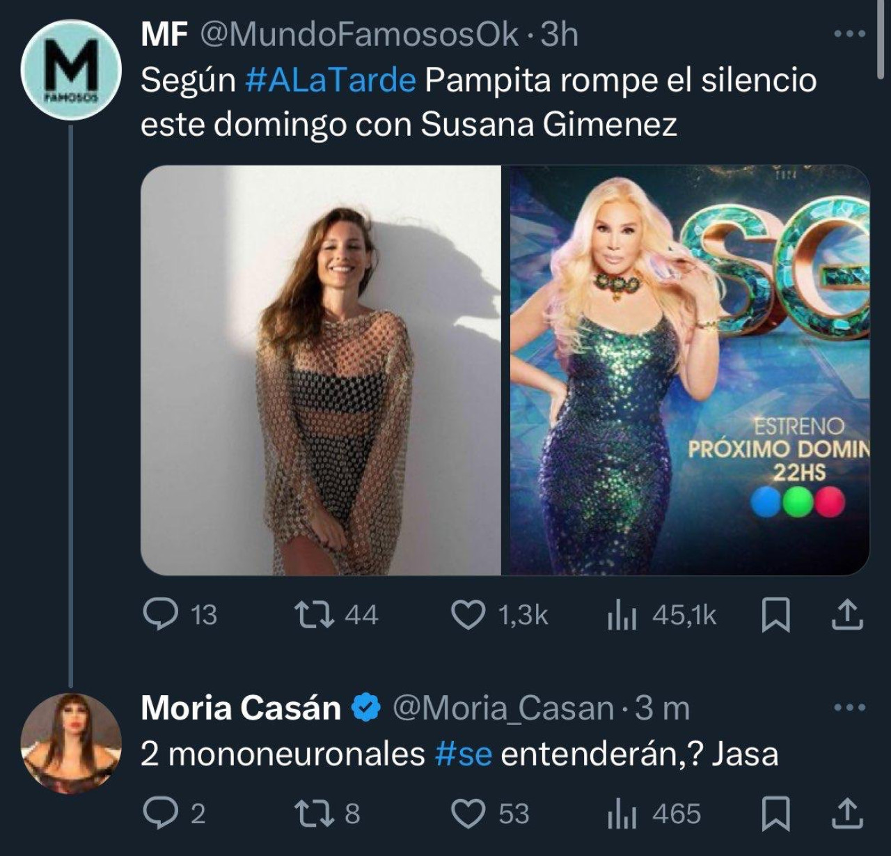 Polémico comentario de Moria Casán contra Pampita y Susana Giménez. Foto: X.