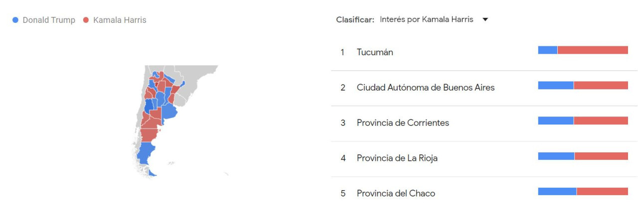 Provincias donde más se googleó a Kamala Harris. Captura.