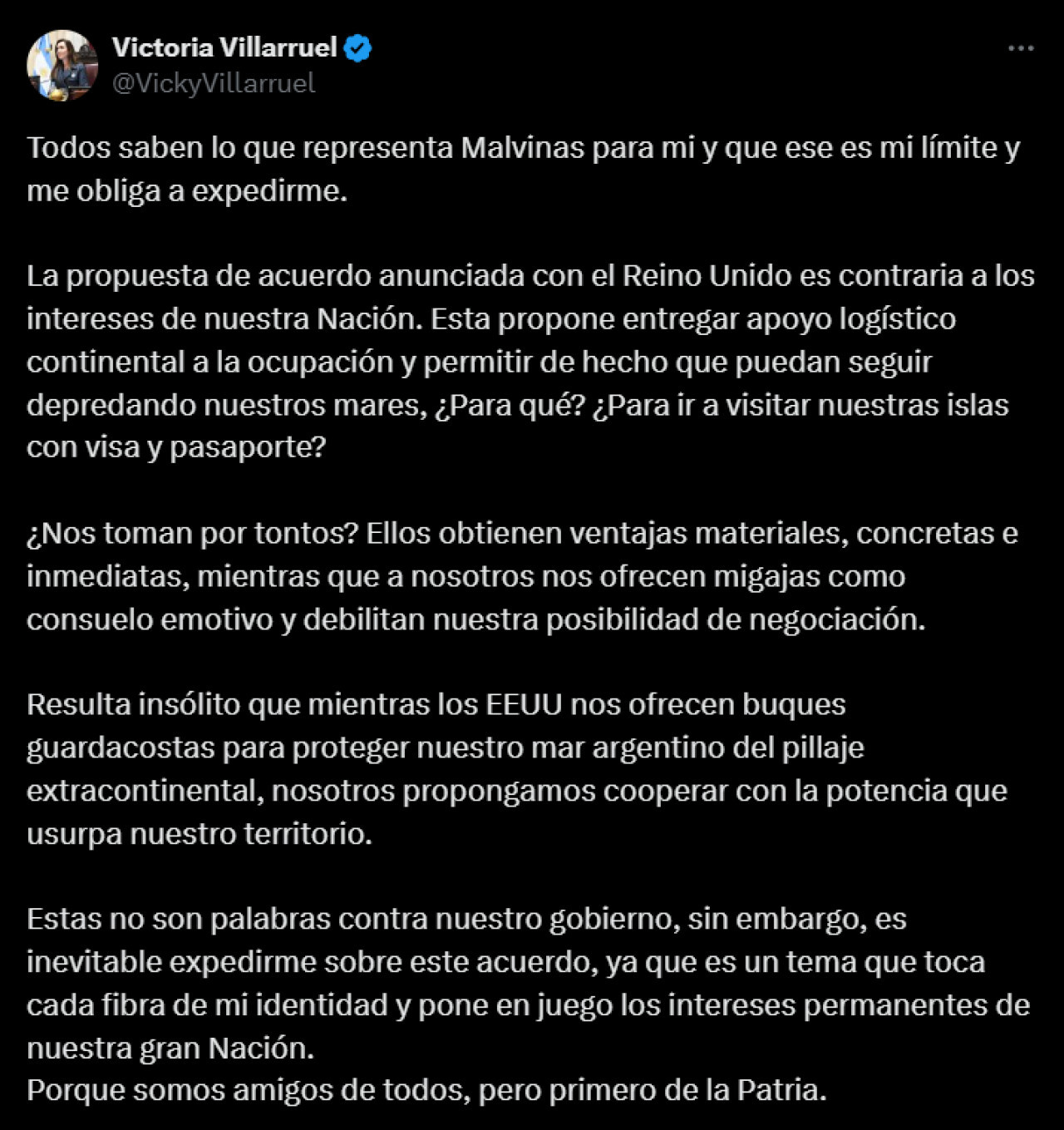 El tuit de Victoria Villarruel sobre la soberanía de las Islas Malvinas.