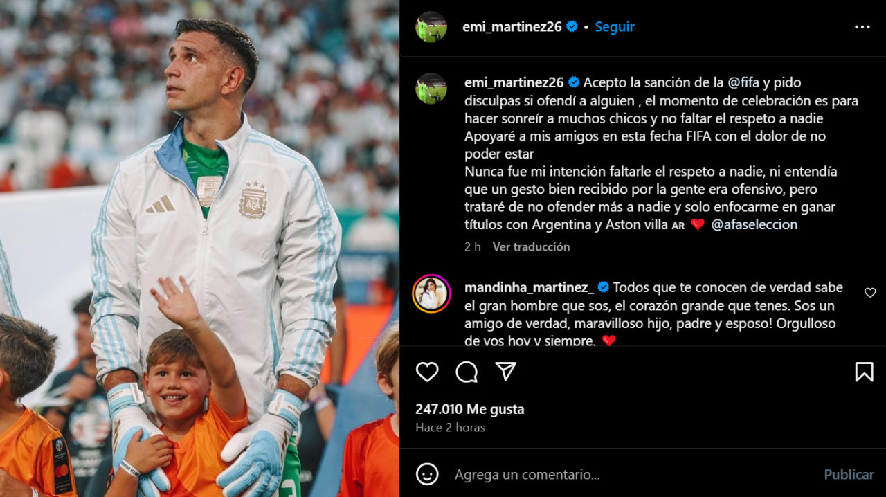 El descargo del Dibu Martínez tras la sanción que recibió. Foto: Instagram.