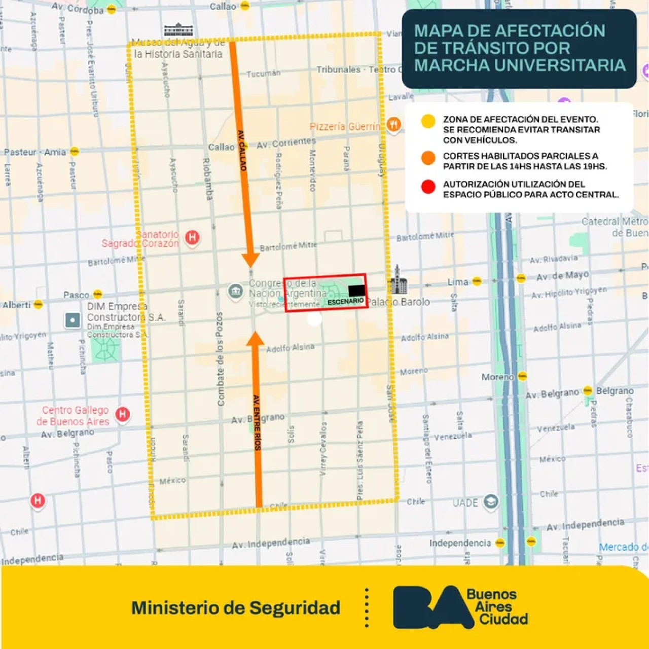 Cortes de calles alrededor de la Plaza del Congreso. Foto: Gobierno de la Ciudad de Buenos Aires.