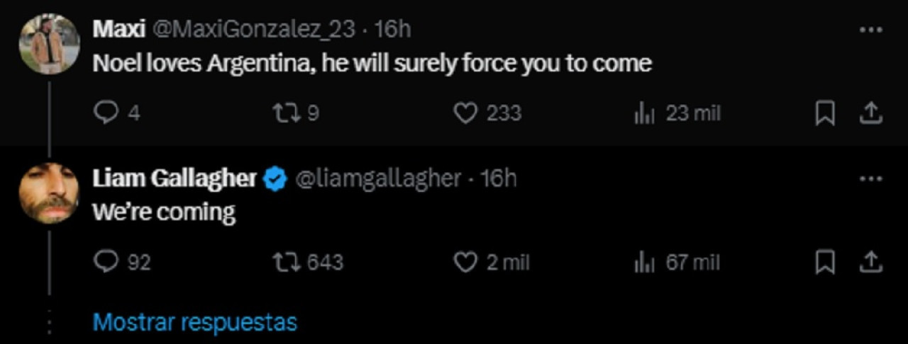 El comentario de Liam Gallagher a un usuario argentino. Foto: captura de pantalla.