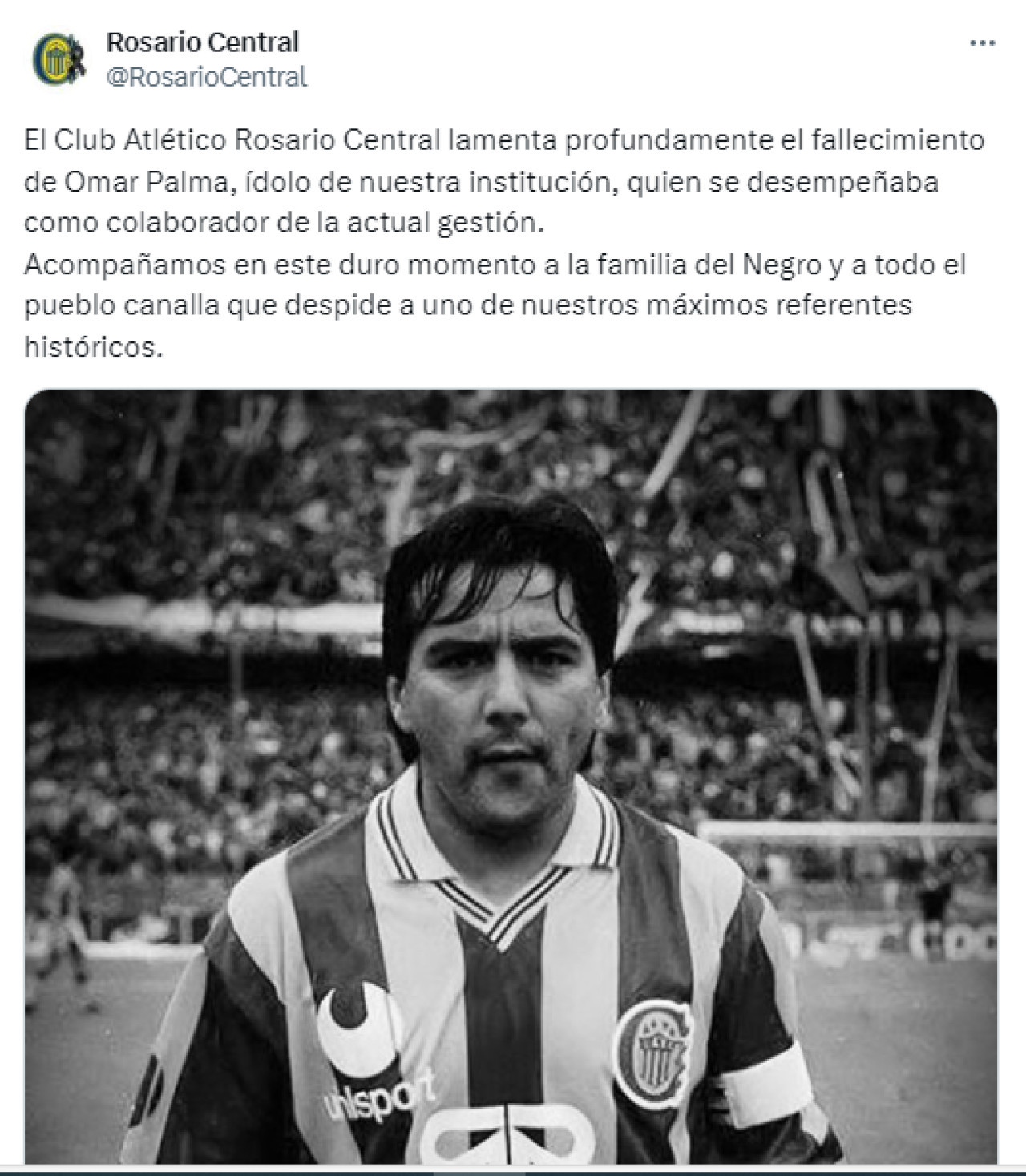 El mensaje de Rosario Central por la muerte de Omar Palma. Foto: X.