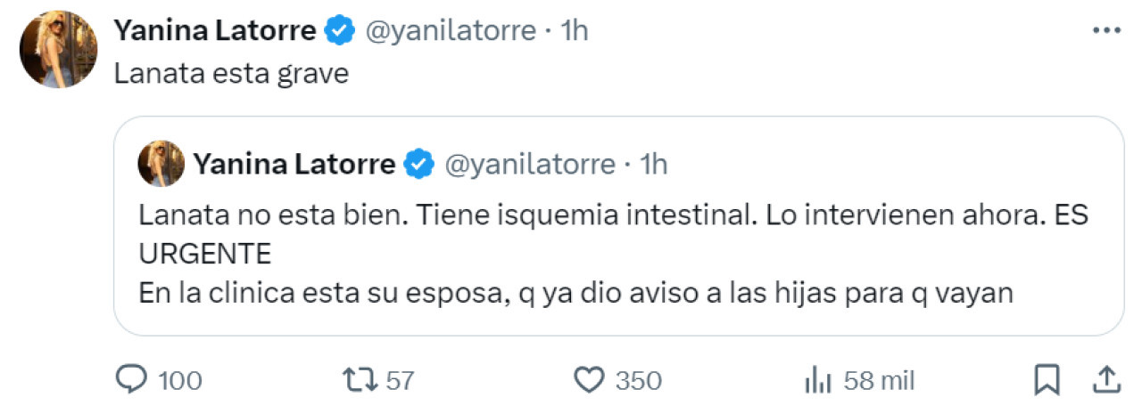 La información que brindó Yanina Latorre sobre la salud de Jorge Lanata. Foto: X.