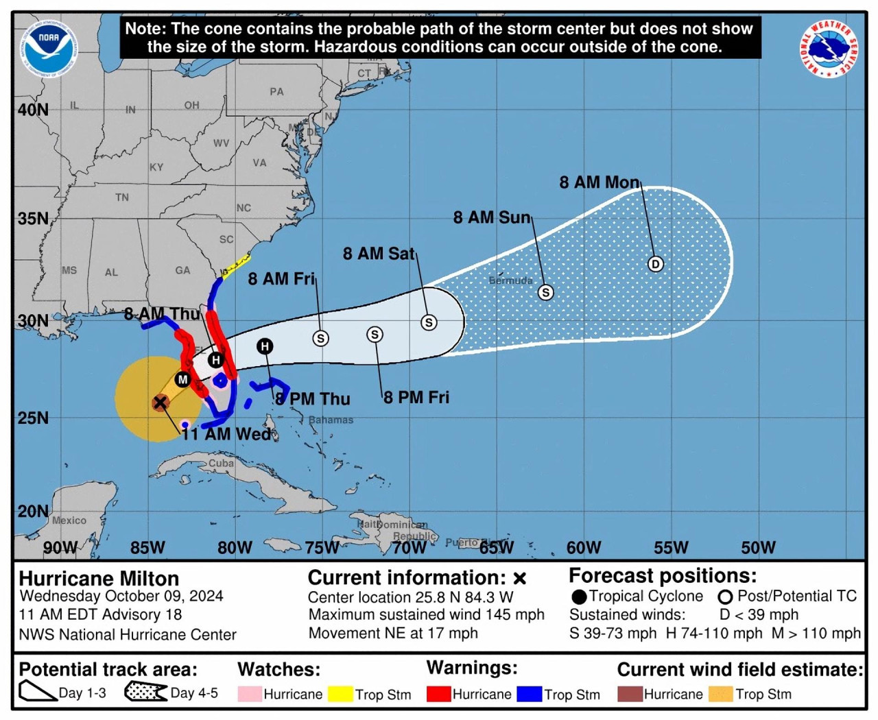 Imagen cedida por el Centro Nacional de Huracanes (NHC) estadounidense donde se muestra el pronóstico de cinco días del paso del huracán Milton por el Golfo de México hacia Florida. EFE