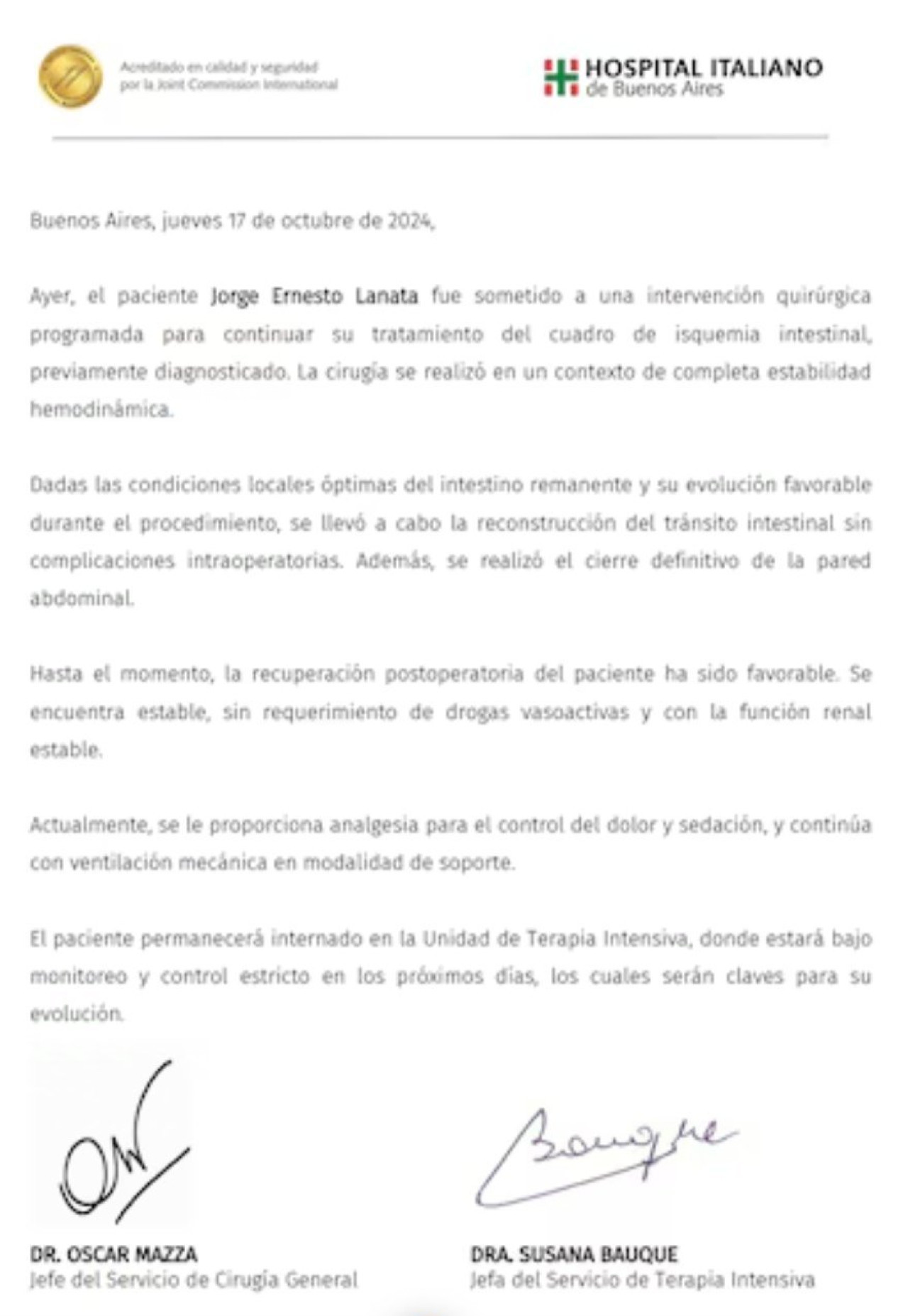 Parte médico de Jorge Lanata tras su cuarta operación.