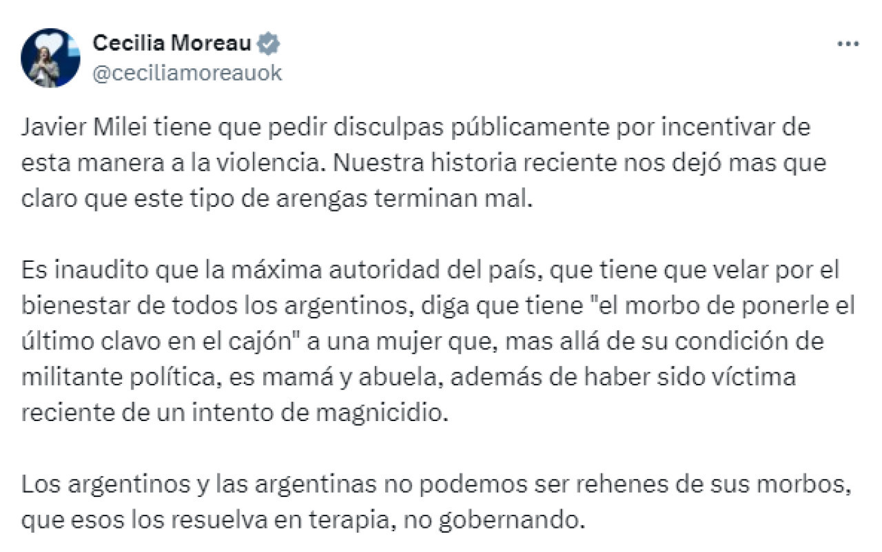 Publicación de Cecilia Moreau sobre Javier Milei. Foto: X / @ceciliamoreauok