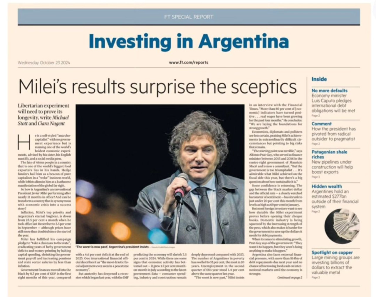 La nota sobre Javier Milei en el Financial Times. Foto: Instagram JavierMilei.