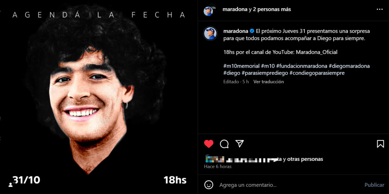 El anuncio en el Instagram de Diego Maradona.