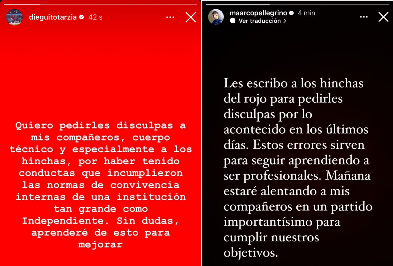 Las disculpas de los jugadores de Independiente. Fotos: Instagram