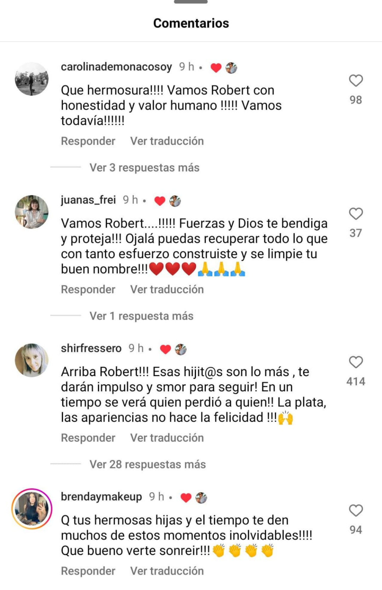 Los "me gusta" de Roberto García Moritán a los comentarios de su posteo en Instagram.