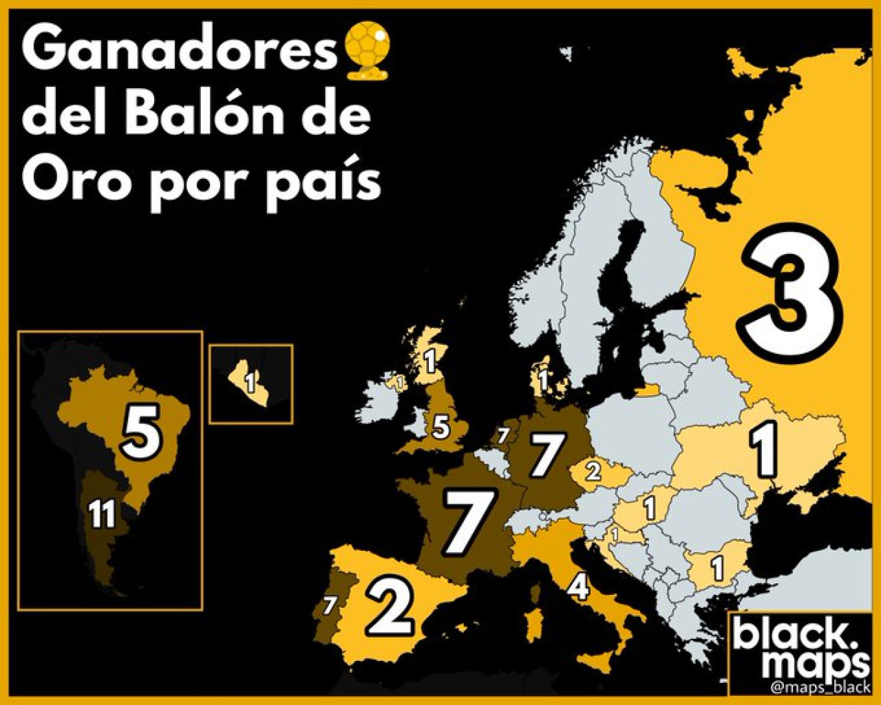 Los ganadores del Balón de Oro en cada país. Foto: X @maps_black