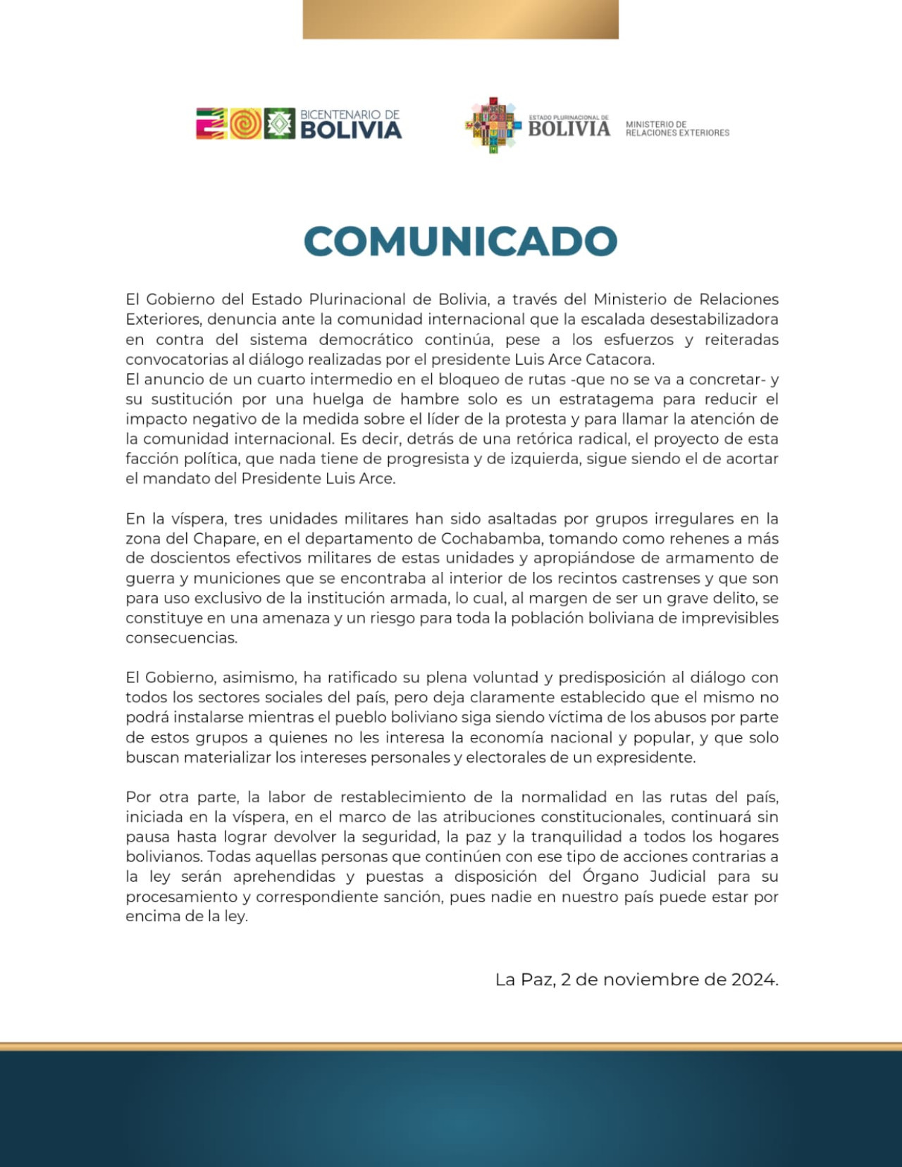 El comunicado de la cancillería boliviana.