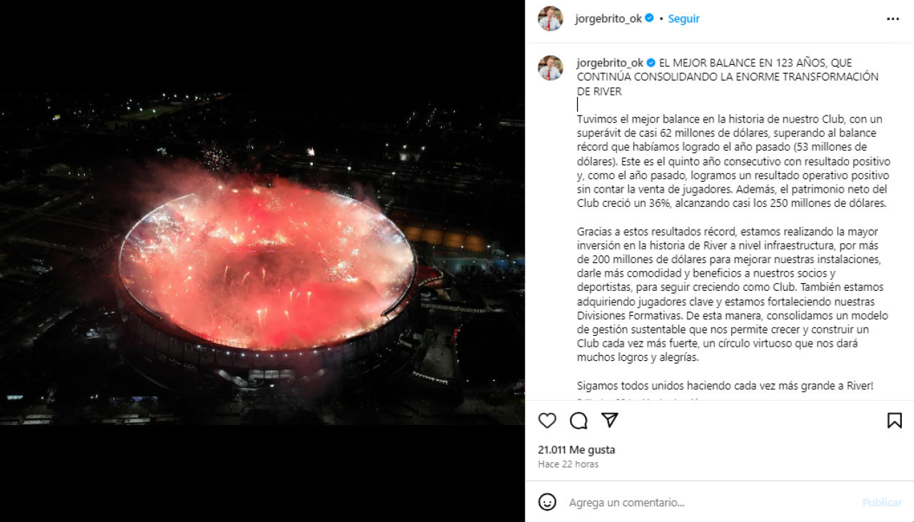 La publicación de Jorge Brito tras conocerse el superávit en el balance de River. Foto: Instagram.