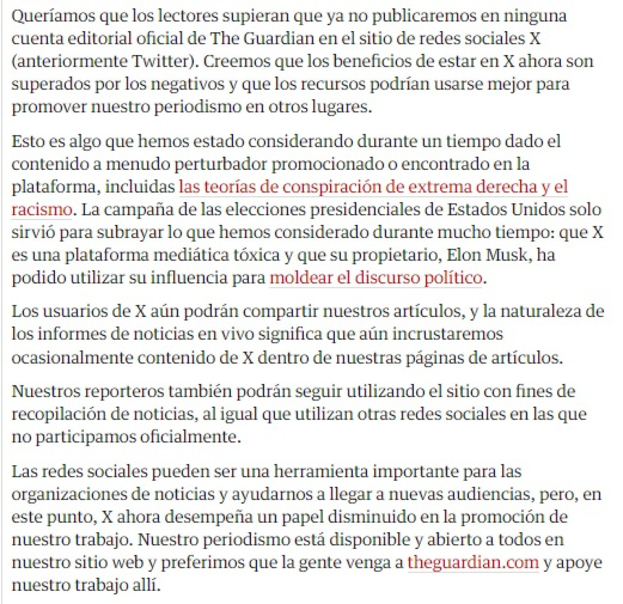 El comunicado de The Guardian tras marcharse de X. Foto: The Guardian.