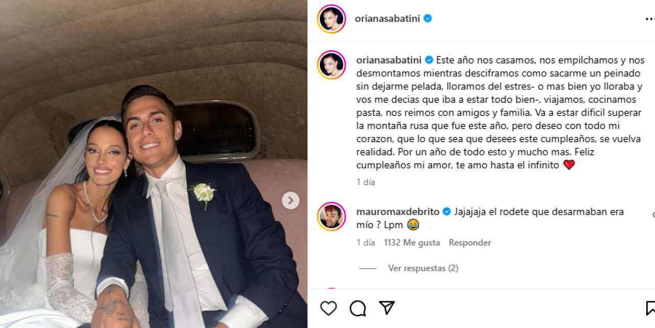 Oriana Sabatini le dedicó un posteo a Paulo Dybala. Foto Instagram @orianasabatini