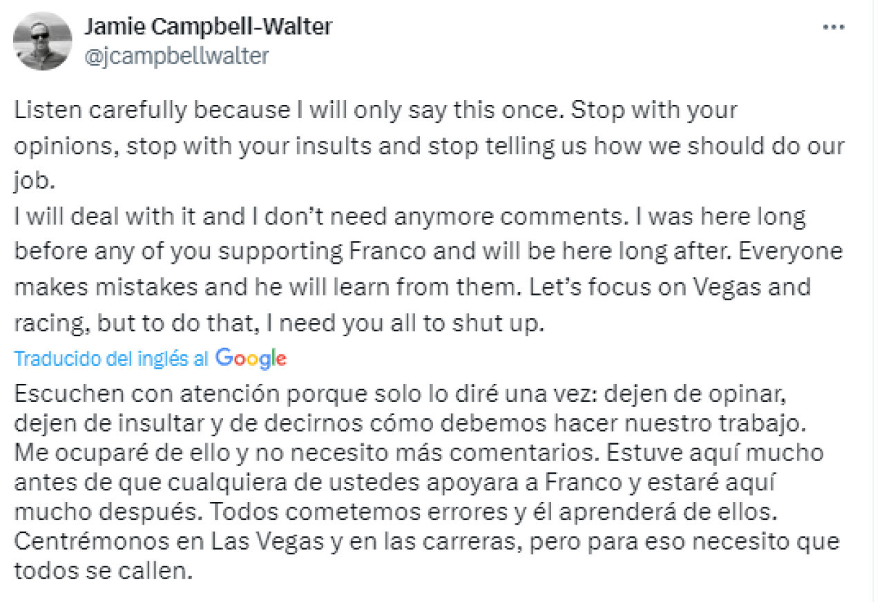 El mensaje de Jamie Campbell-Walter, representante de Franco Colapinto. Foto: Captura.