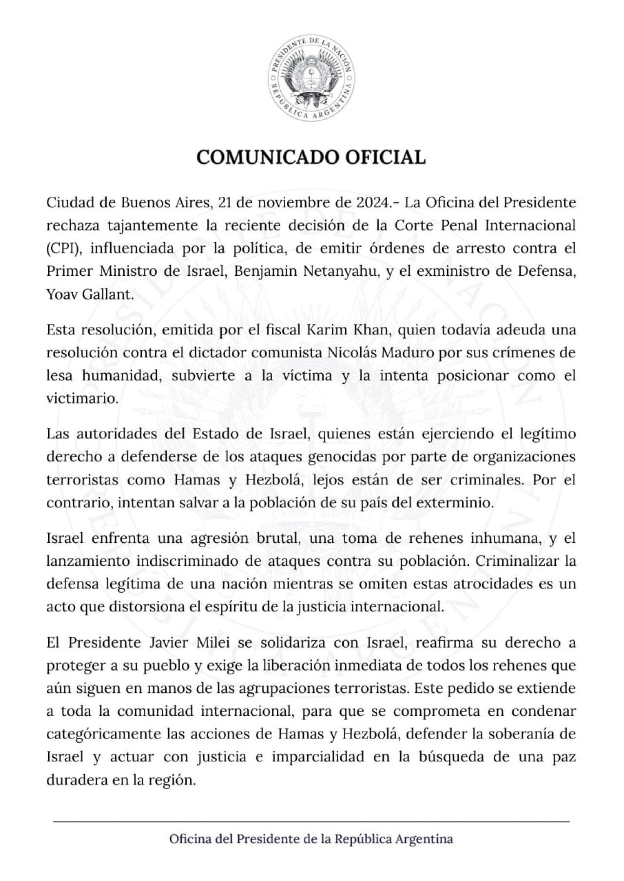 El Gobierno argentino rechazó la orden de arresto de la Corte Penal Internacional contra Benjamin Netanyahu