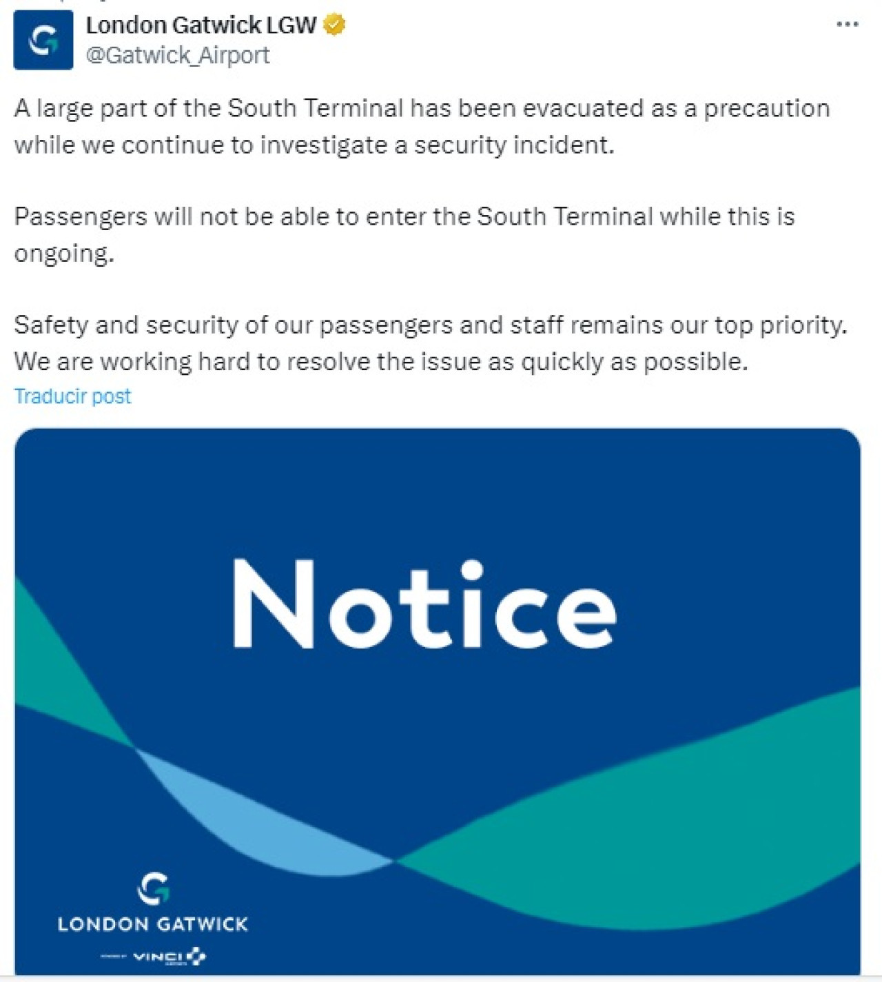 El comunicado del Aeropuerto de Gatwick en Londres. Foto: Captura.