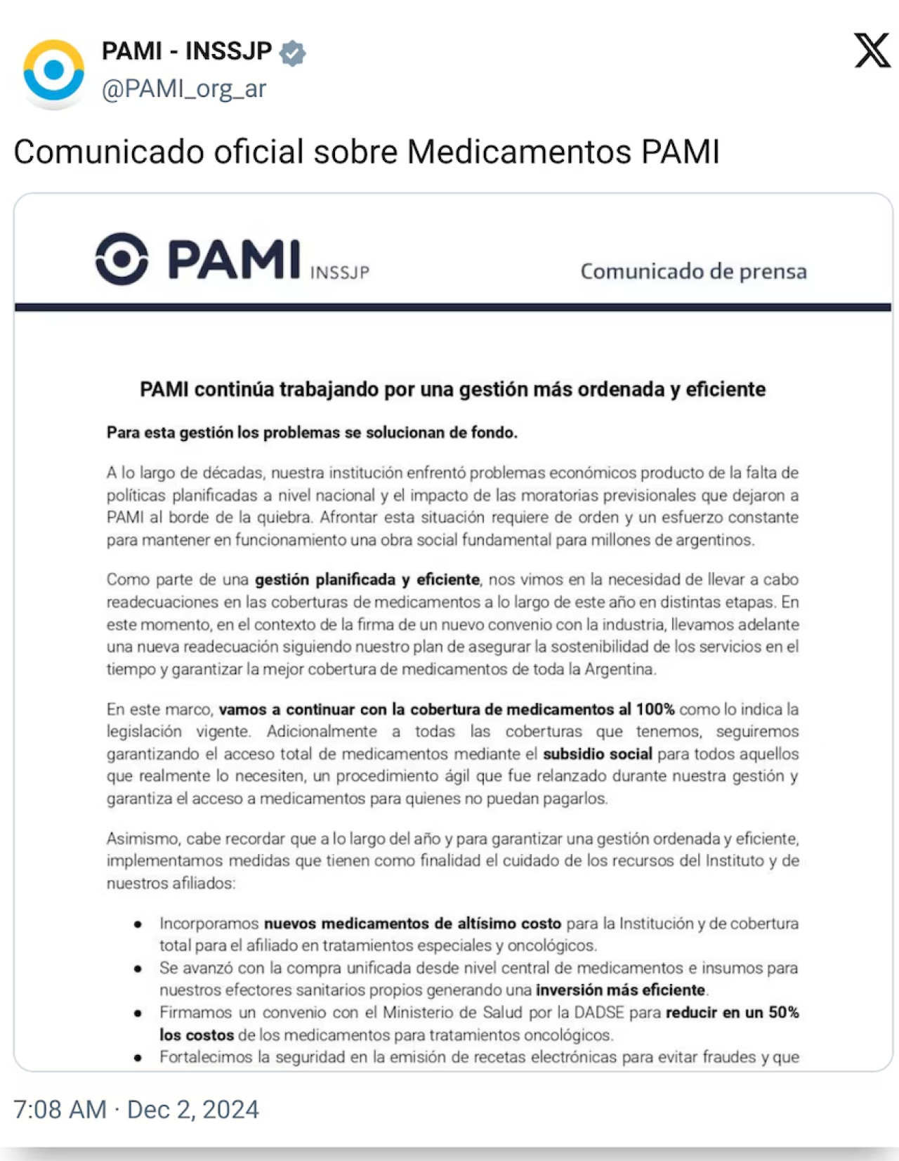 El comunicado de PAMI.