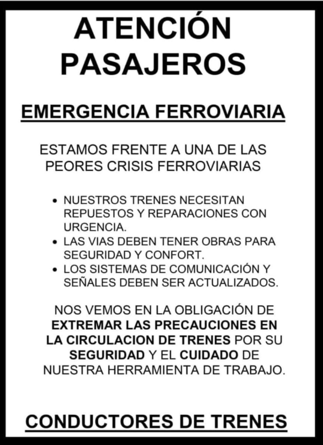 Demora en los trenes por una medida gremial. Foto: X.