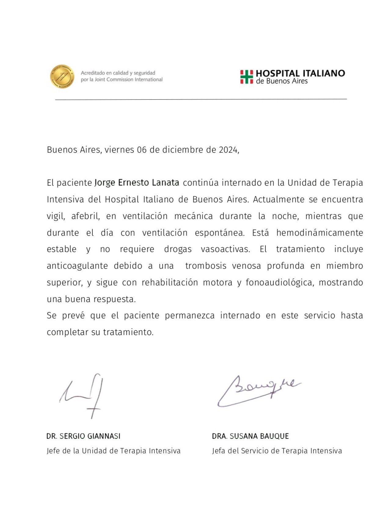 Parte médico de Jorge Lanata - 06-12-2024.