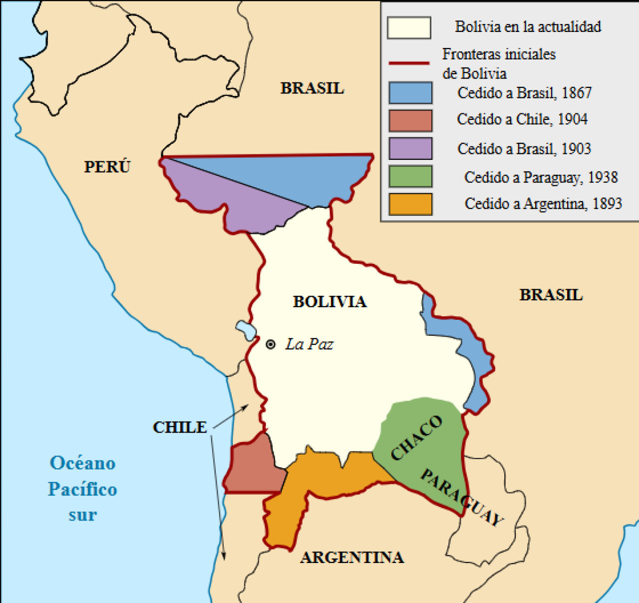 Mapa del territorio que Bolivia fue perdiendo. Foto: Wikimedia Commons