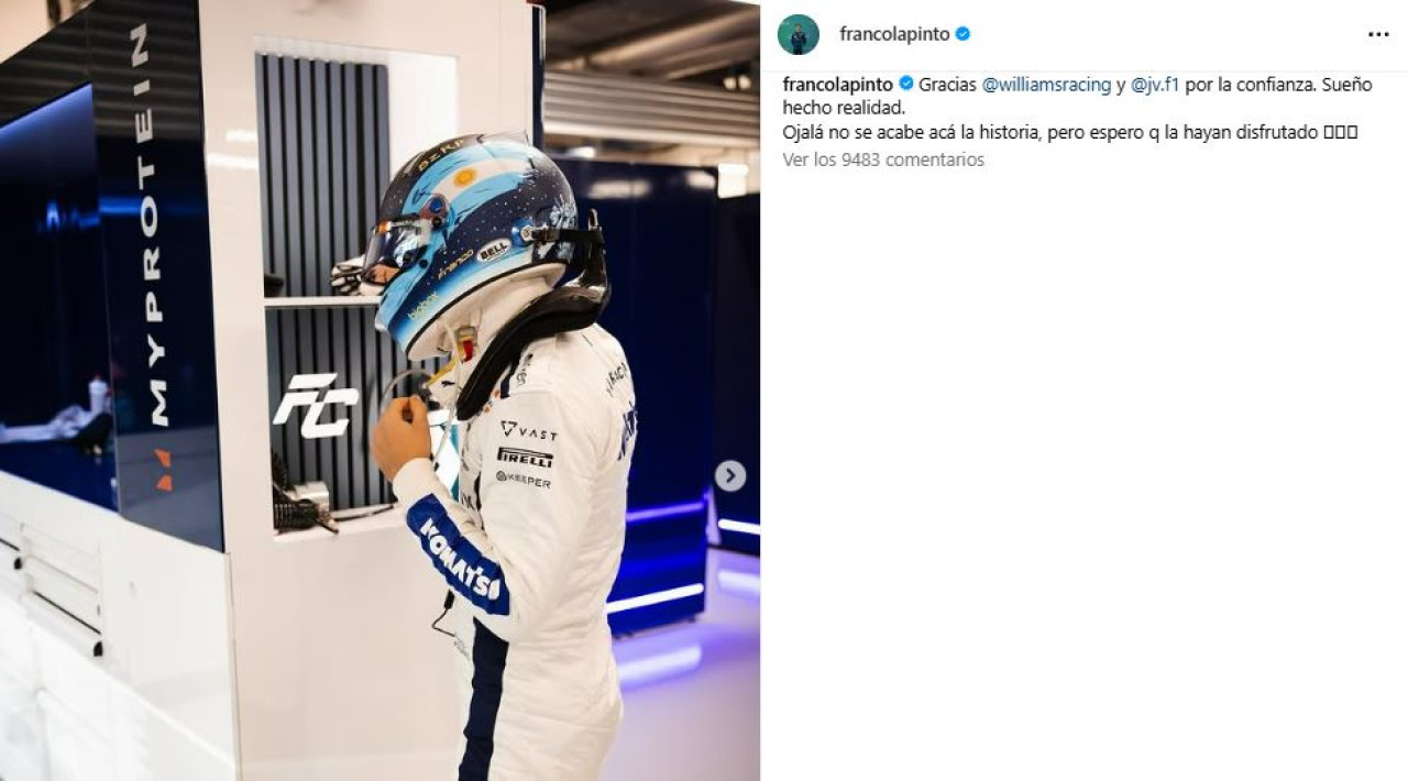 La publicación de Colapinto tras su primera temporada en la F1. Foto: captura Instagram.