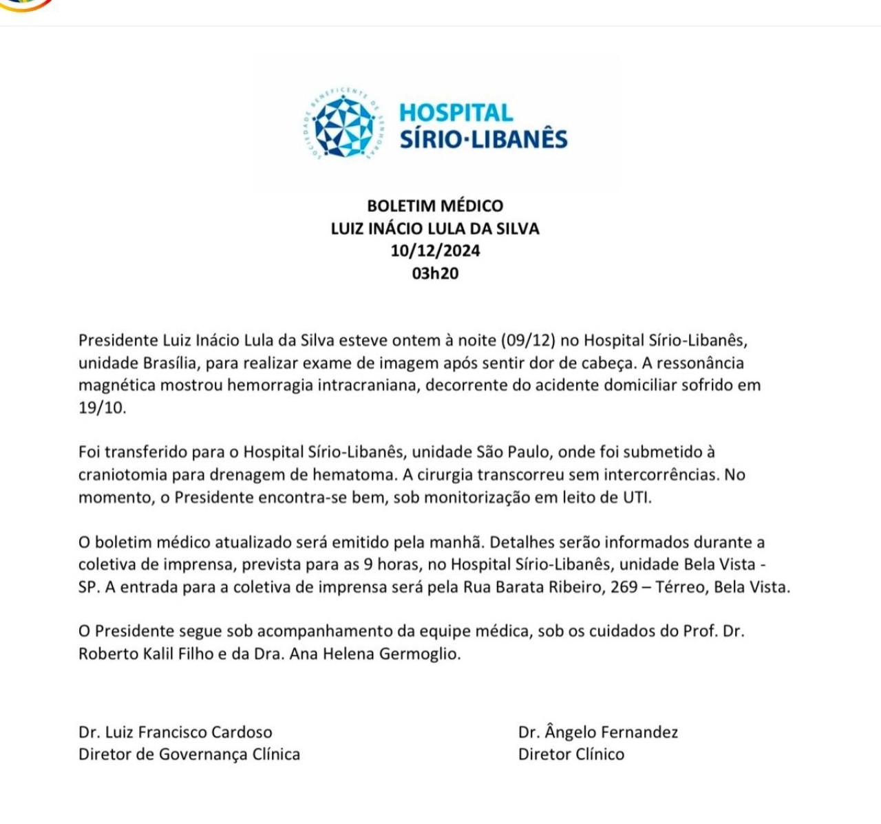 El comunicado sobre la salud de Lula da Silva. Foto: X.