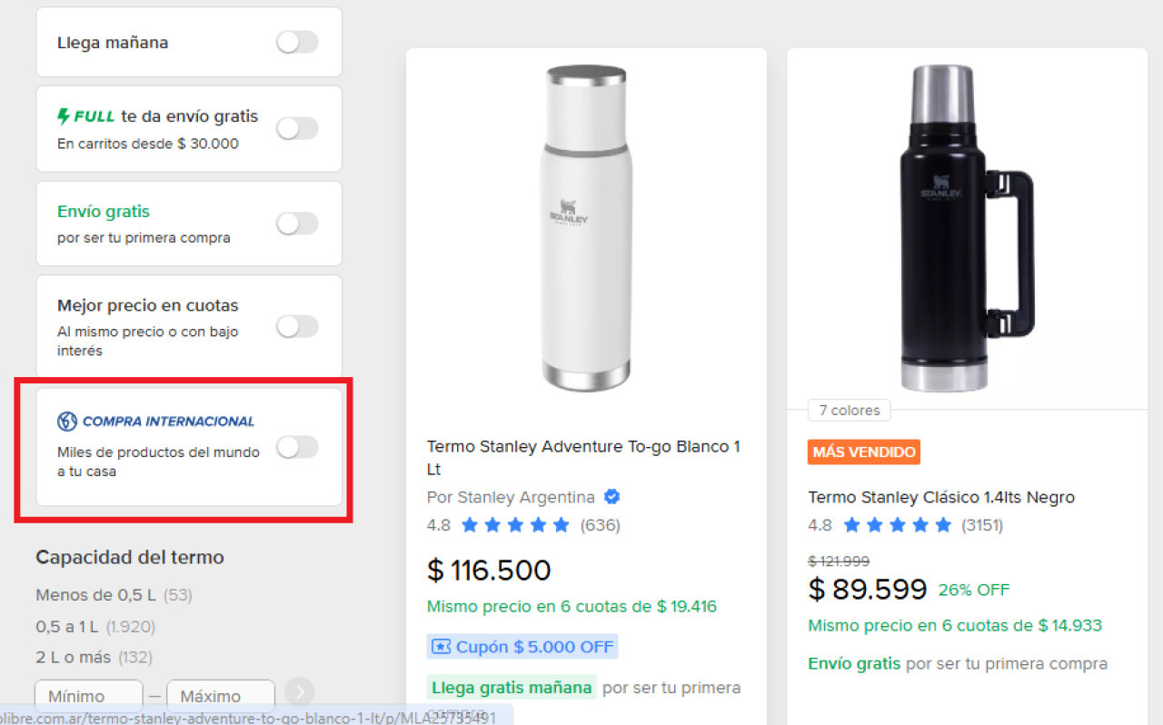 Mercado libre permite comprar en Estados Unidos desde Argentina. Foto captura Canal26.com