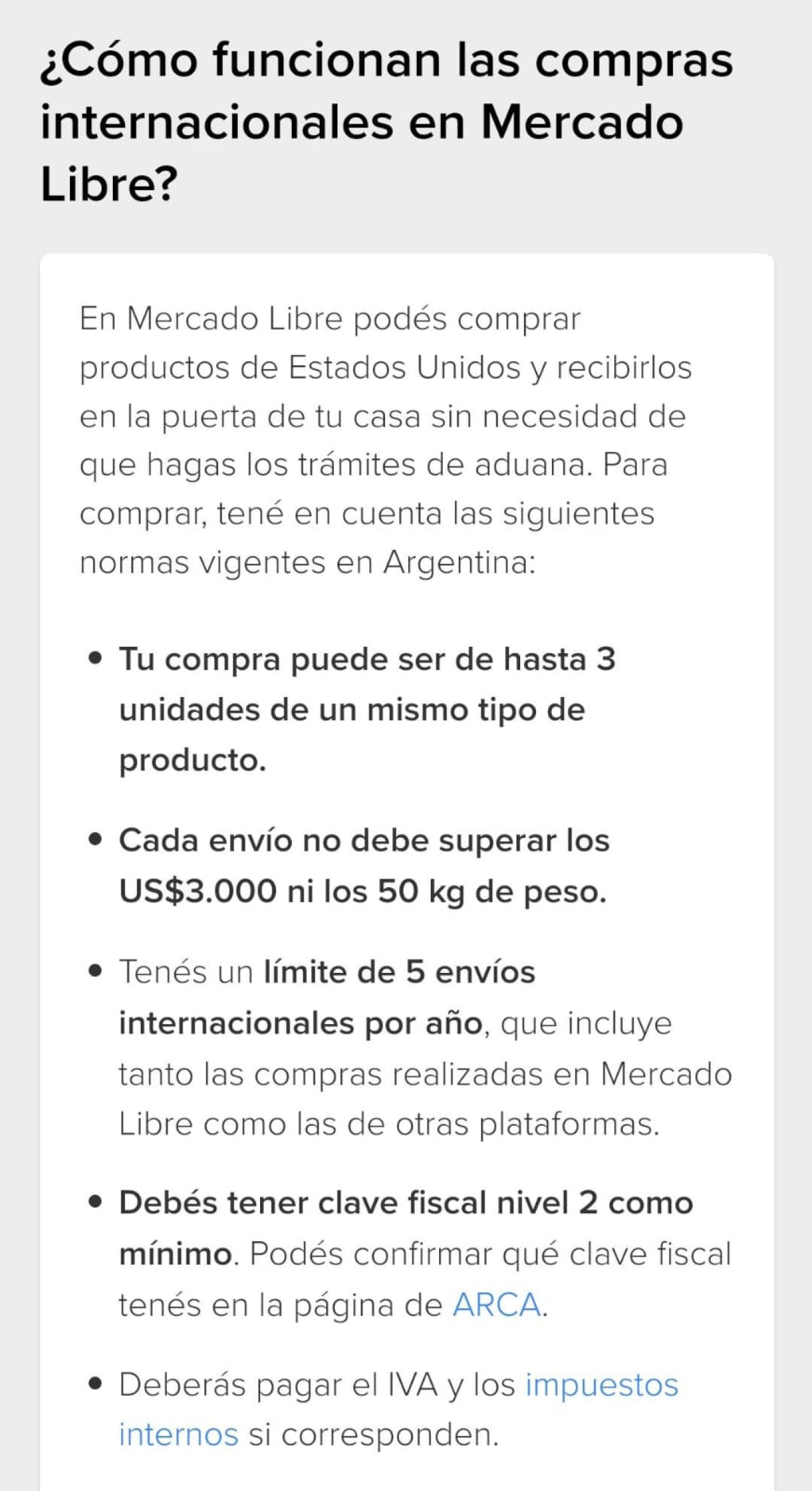 El requisito que hay que cumplir para poder hacer compras internacionales en Mercado Libre. Foto: Captura.