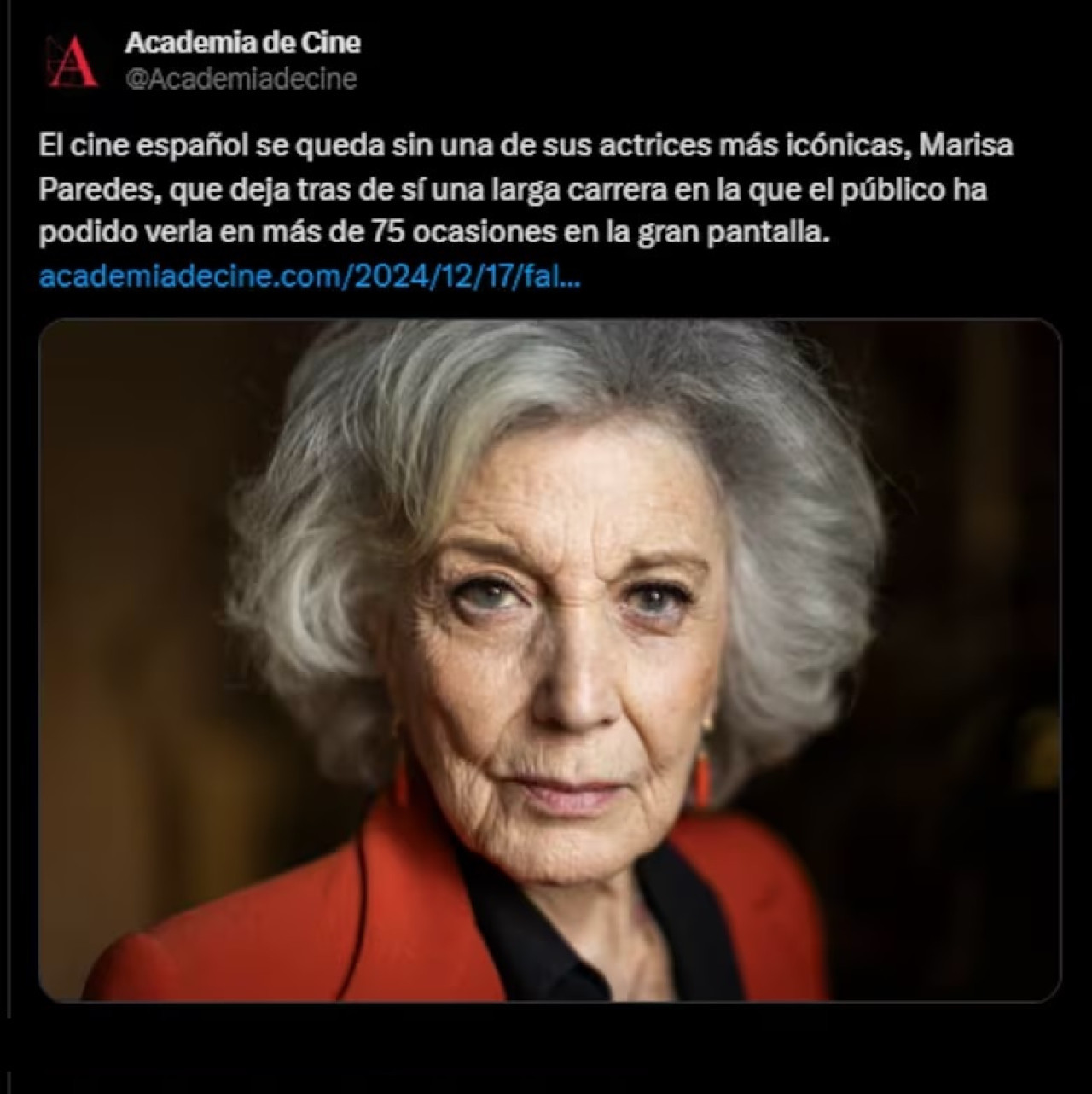 Así comunicaron la noticia de la muerte de Marisa Paredes en la cuenta de X de la Academia del Cine