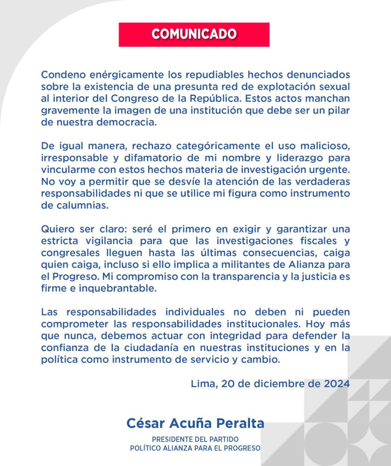 Comunicado de César Acuña sobre las investigaciones por presunta trama de prostitución en el Congreso. Foto: X / @CesarAcunaP.