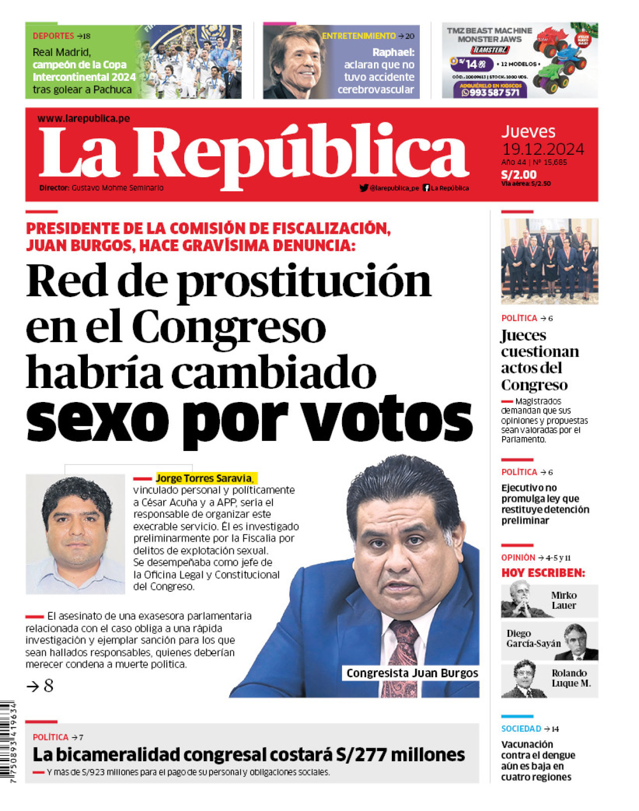 Tapa del diario "La República" sobre el escándalo de prostitución en el Congreso peruano.