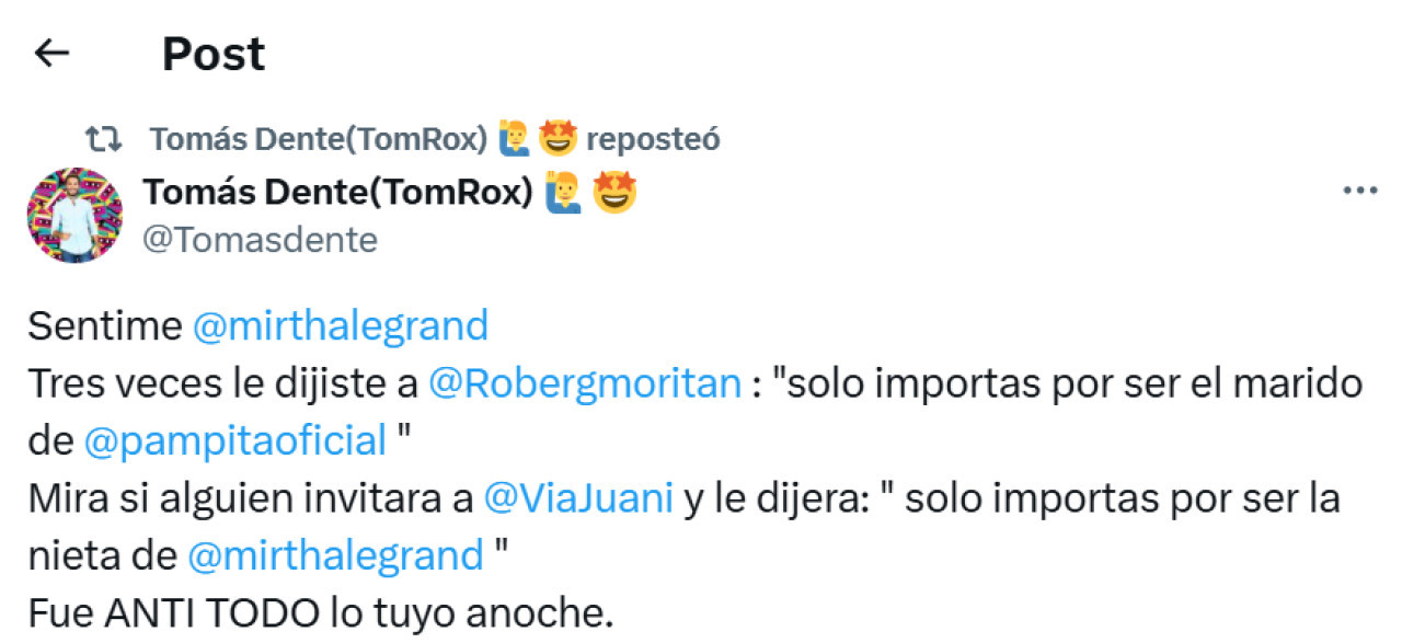 Tomás Dente criticó a Mirtha Legrand por cómo trató a Roberto García Moritán. Foto: X.