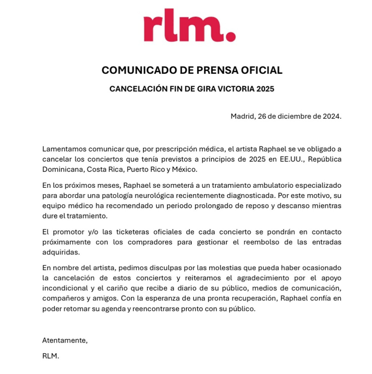 El comunicado sobre la salud y cancelación de los conciertos de Raphael. Foto: Instagram @rlm_es.