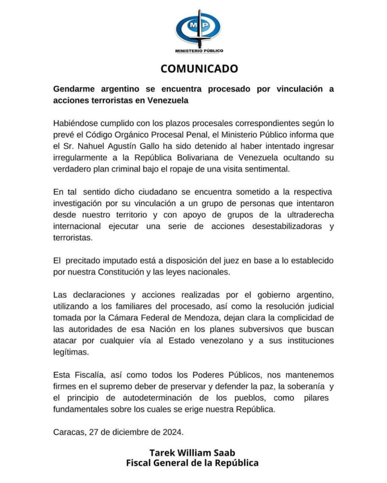 Comunicado sobre gendarme argentino detenido en Venezuela.