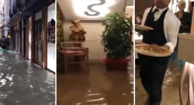 Venecia: con el agua hasta los tobillos, una pizzería desafía las inundaciones