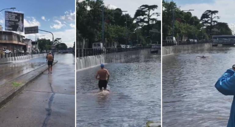 Video insólito: hombre aprovechó la inundación para nadar en un bajo nivel