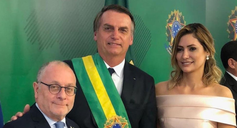 Jair Bolsonaro, Michelle Bolsonaro y ministro de relaciones exteriores argentino Faurie, NA