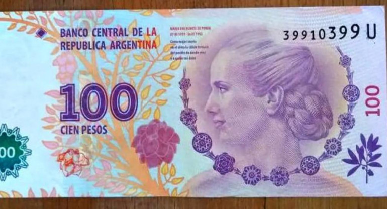 Billete de $100 pesos de Evita comprado por coleccionista