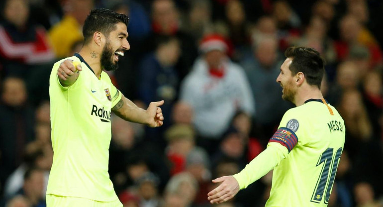 Champions League: Manchester United vs. Barcelona, festejo de Luis Suárez y Lionel Messi, Reuters