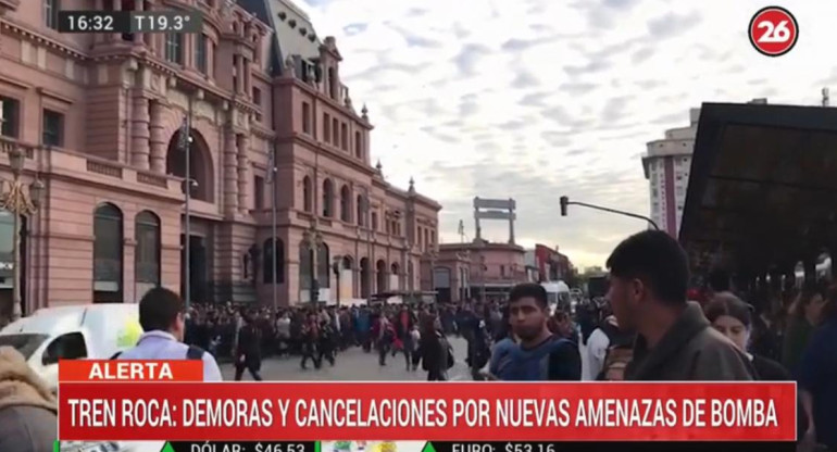Tren Roca demoras y cancelaciones por amenaza de bomba, Canal 26