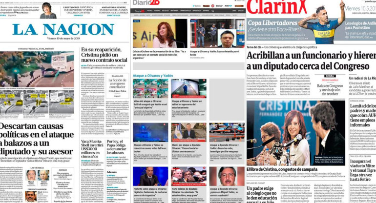 Tapas de diarios del 10-05-19 - Presentación del libro de Cristina Kirchner y ataque a Olivares y Yadon