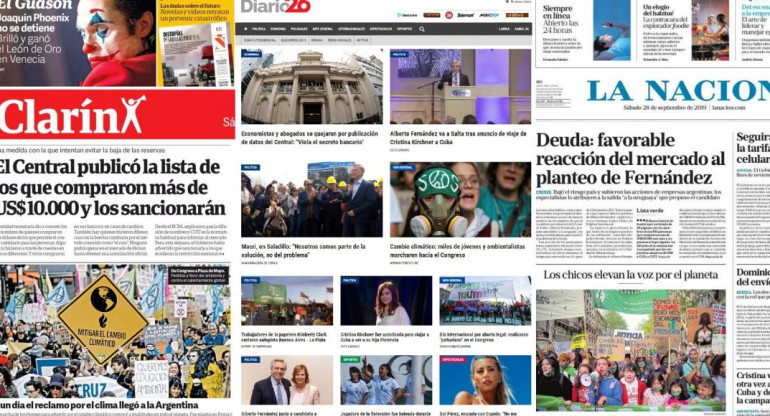 Tapas de diarios argentinos, sábado 28-09-19