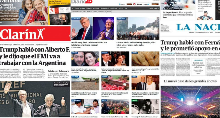 Tapas de diarios argentinos, sábado 02-11-19	