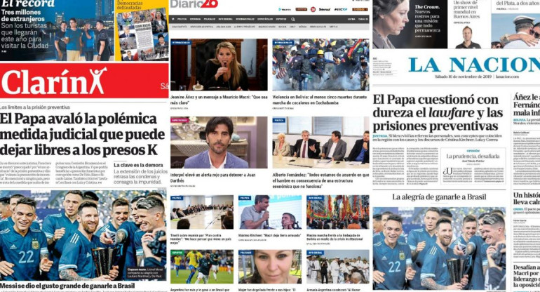 Tapas de diarios argentinos, sábado 16 de noviembre de 2019	