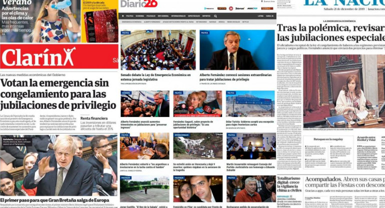 Tapas de diarios argentinos, sábado 21 de diciembre de 2019	
