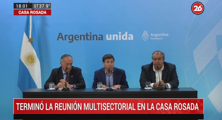 Conferencia de prensa de Miguel Acevedo, Daniel Arroyo y Héctor Daer tras la firma del "Pacto Social", Canal 26