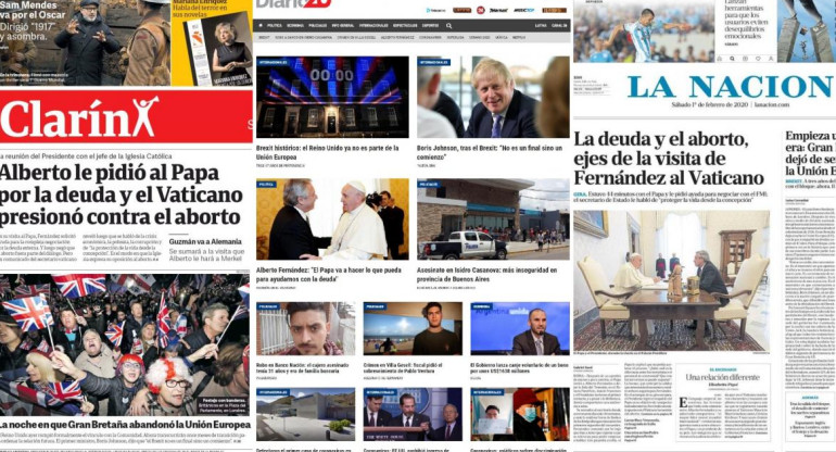 Tapas de Diarios Argentinos, sábado 1 de febrero de 2020